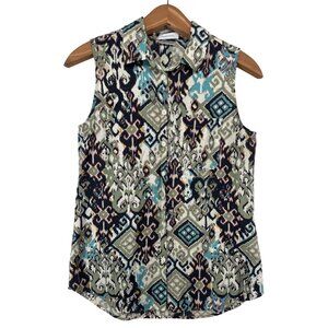 Van Heusen Womens Top Sz S Green/Brown Ikat Sleeveless Tank Boho Lightwt Artsy